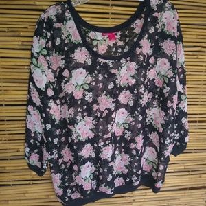 Mix & Co. L Romance Black Pink Rose Sheer Top